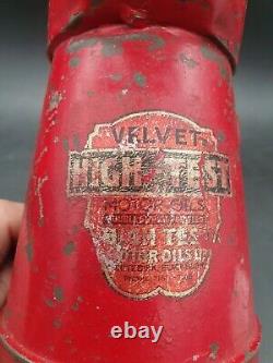 Vintage Velvet High Test Motor Oils Quart Jug Pourer Automobilia Tin Can Rare