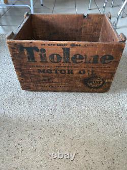 Vintagerare Pure Pa Tiolene Wooden Oil Can Bottle Crate Carrier Gas Oil Sign