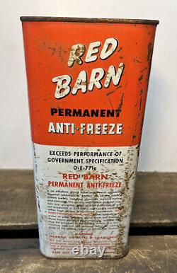 Vtg Red Barn Anti-Freeze 1 Gallon Oil Can Tin Shreveport LA Barn Graphics Rare